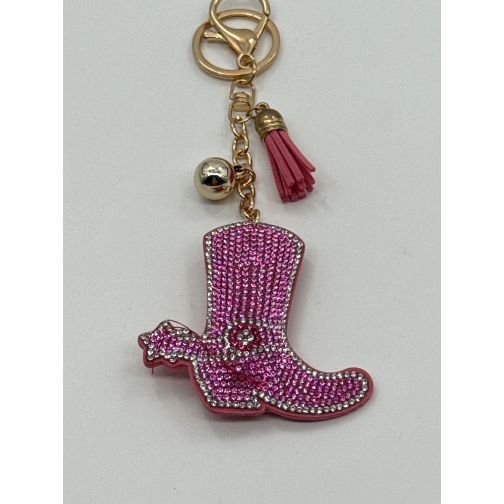 Pink Rhinestone Cowboy Boot Keychain Western Tassel Bell Bag Charm Bling Gold